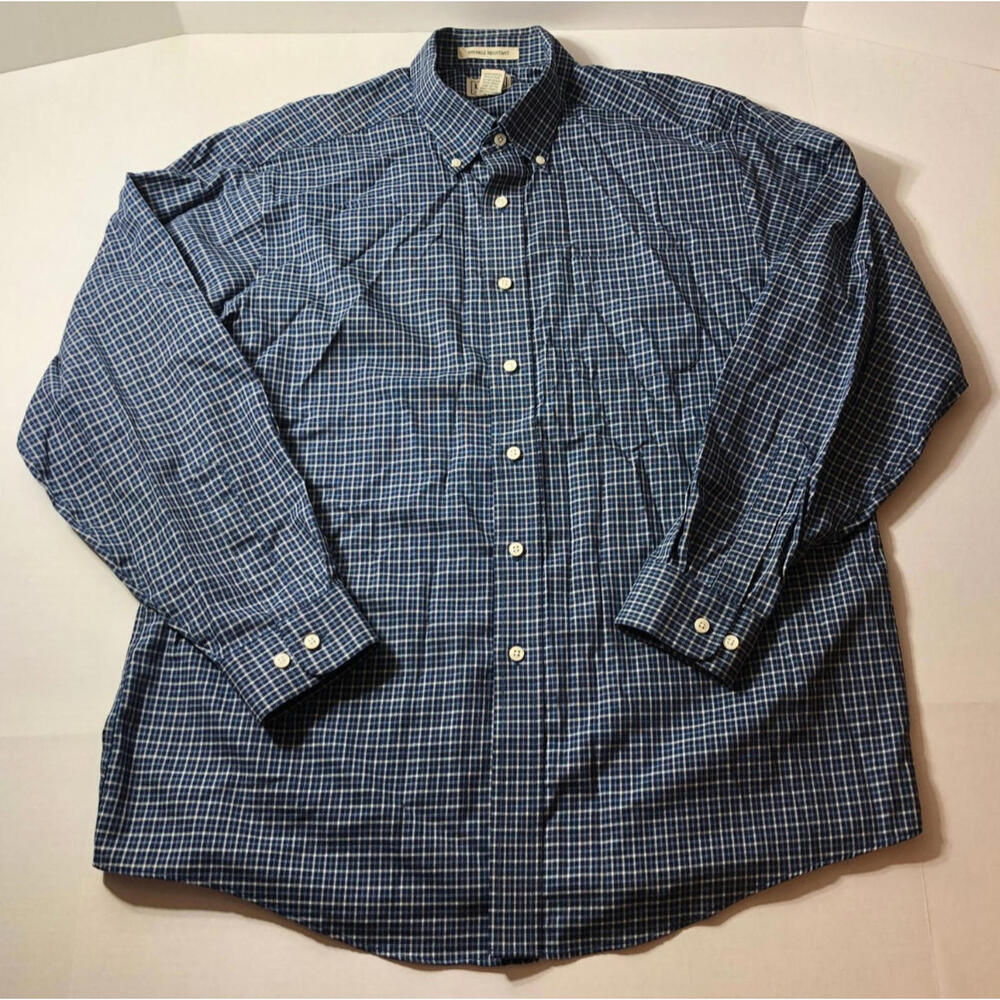 LL Bean Men's Large Navy Blue Plaid Check Casual Button Down Shirt Long Sleeve